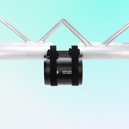 ADJ Data Distro 6 DMX and RDM Data Splitter Strapped on beam on blue background