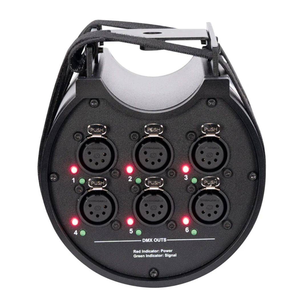 Front ports view of ADJ Data Distro 6 DMX and RDM Data Splitter on white background