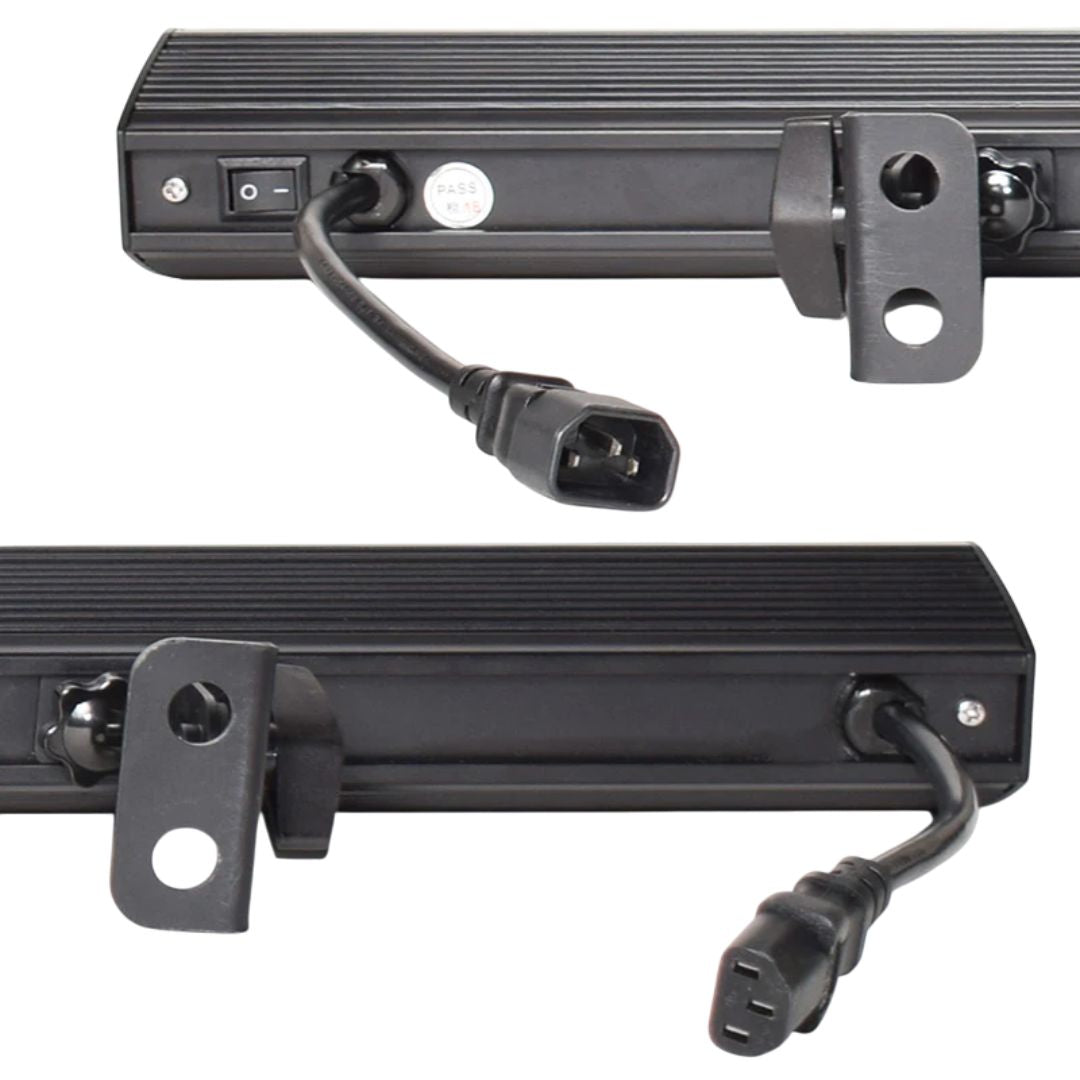 Close up view of ADJ ECO UV Bar Plus IR ports on white background