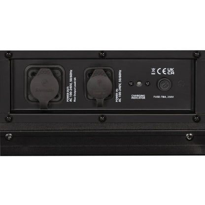 Close up view of ADJ ELE188 ElectraPix Bar 8 Pak case charging port with covers closed on white background