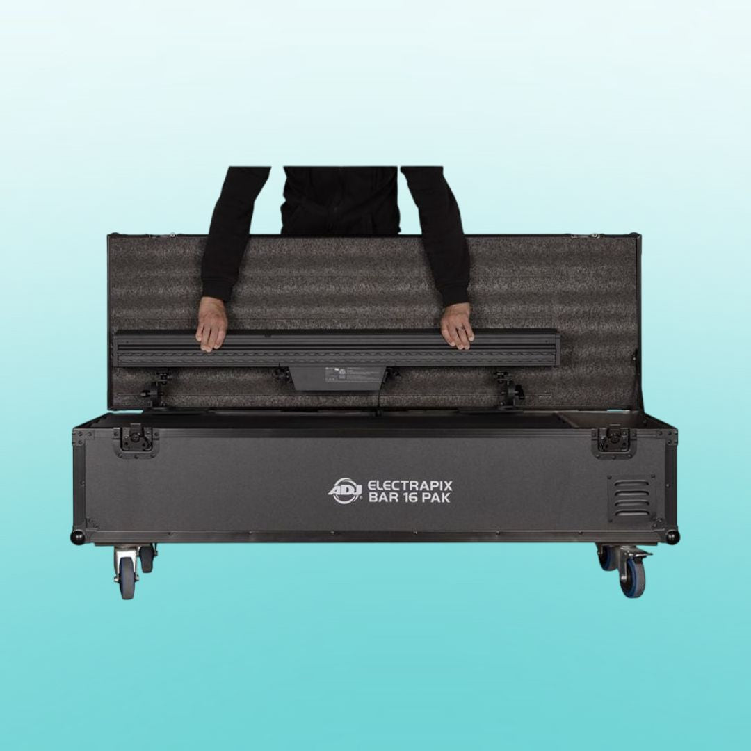 Front view of ADJ ELE367 ElectraPix Bar 16 Pak with person pulling out a light bar from it on blue background