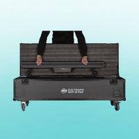 Front view of ADJ ELE367 ElectraPix Bar 16 Pak with person pulling out a light bar from it on blue background