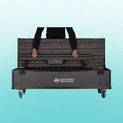Front view of ADJ ELE367 ElectraPix Bar 16 Pak with person pulling out a light bar from it on blue background