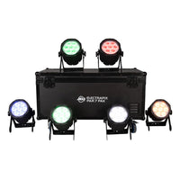 Front view of ADJ ELE738 ElectraPix Par 7 Pak with Lights and Case on white background
