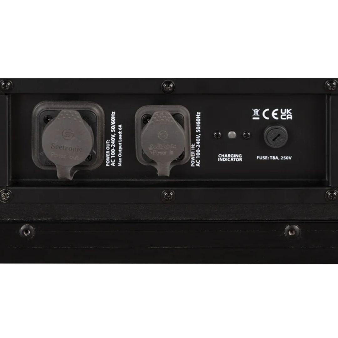 Close up view of ADJ ELE738 ElectraPix Par 7 Pak Case Charging Ports Closed on white background