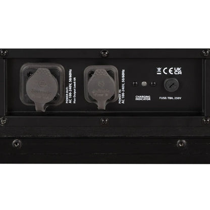 Close up view of ADJ ELE738 ElectraPix Par 7 Pak Case Charging Ports Closed on white background