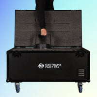 Front view of ADJ ELE738 ElectraPix Par 7 Pak Case with arm taking out one Light on blue background