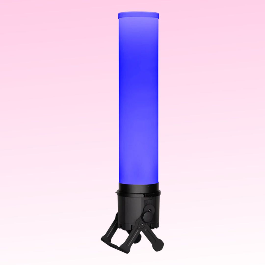 Angled view of ADJ ELPIXP7C30 30" Frosted Cylinder beaming blue light on pink background