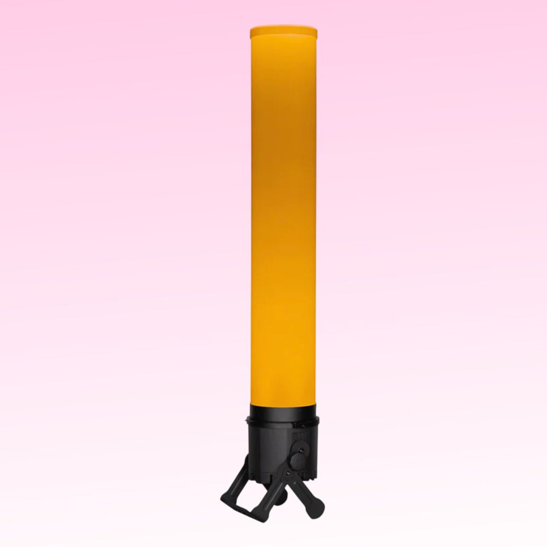 Angled view of ADJ ELPIXP7C40 40" Frosted Cylinder with yellow light on pink background