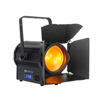 Angled view of ADJ ENC900 Encore FR Pro Color 400W LED Fresnel with orange light on white background