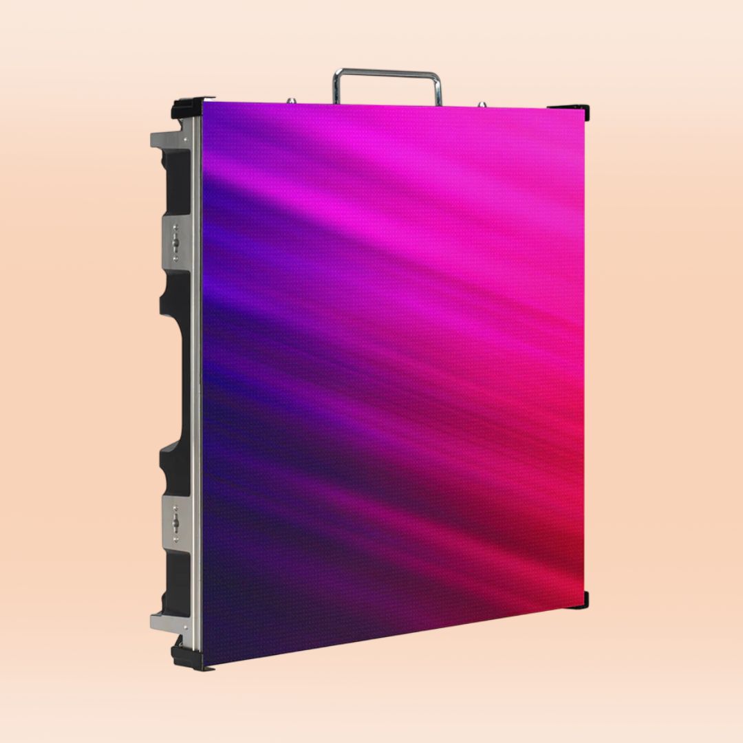 Angled front view of ADJ EVS3 LED Video Panel with pink and blue gradient on screen on orange background