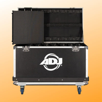 Front view of ADJ EVSF45FC Flight Case with open lid and LED panel on top on orange background