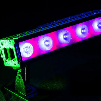 Close up front view of ADJ ElectraPix Bar 8 Linear Fixture in dim venue
