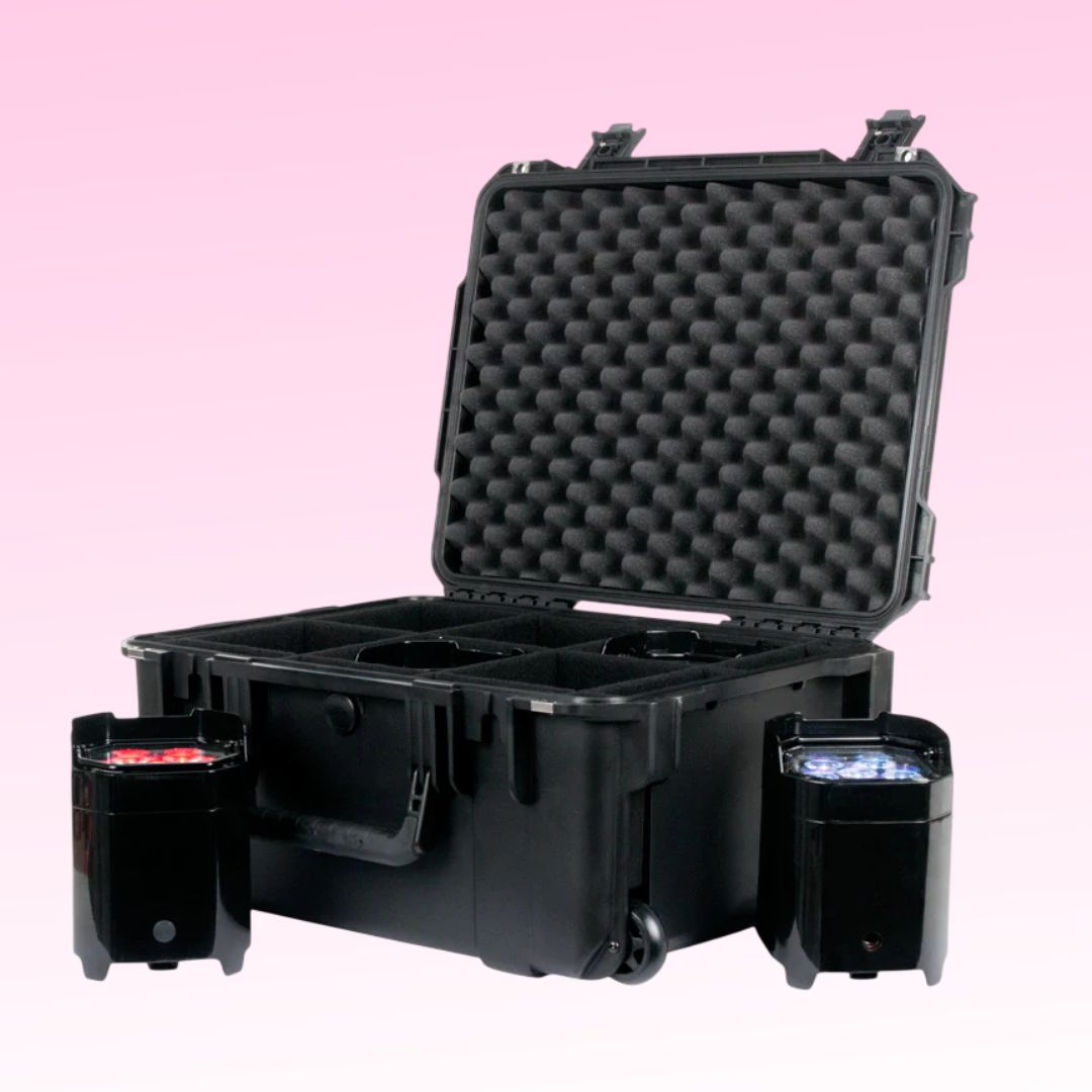 Angled view of ADJ Element PC6 Road Case open lid with lights beside it on pink background