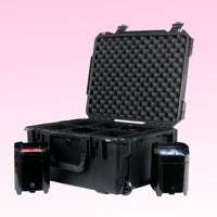 Angled view of ADJ Element PC6 Road Case open lid with lights beside it on pink background