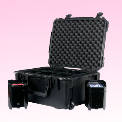 Angled view of ADJ Element PC6 Road Case open lid with lights beside it on pink background