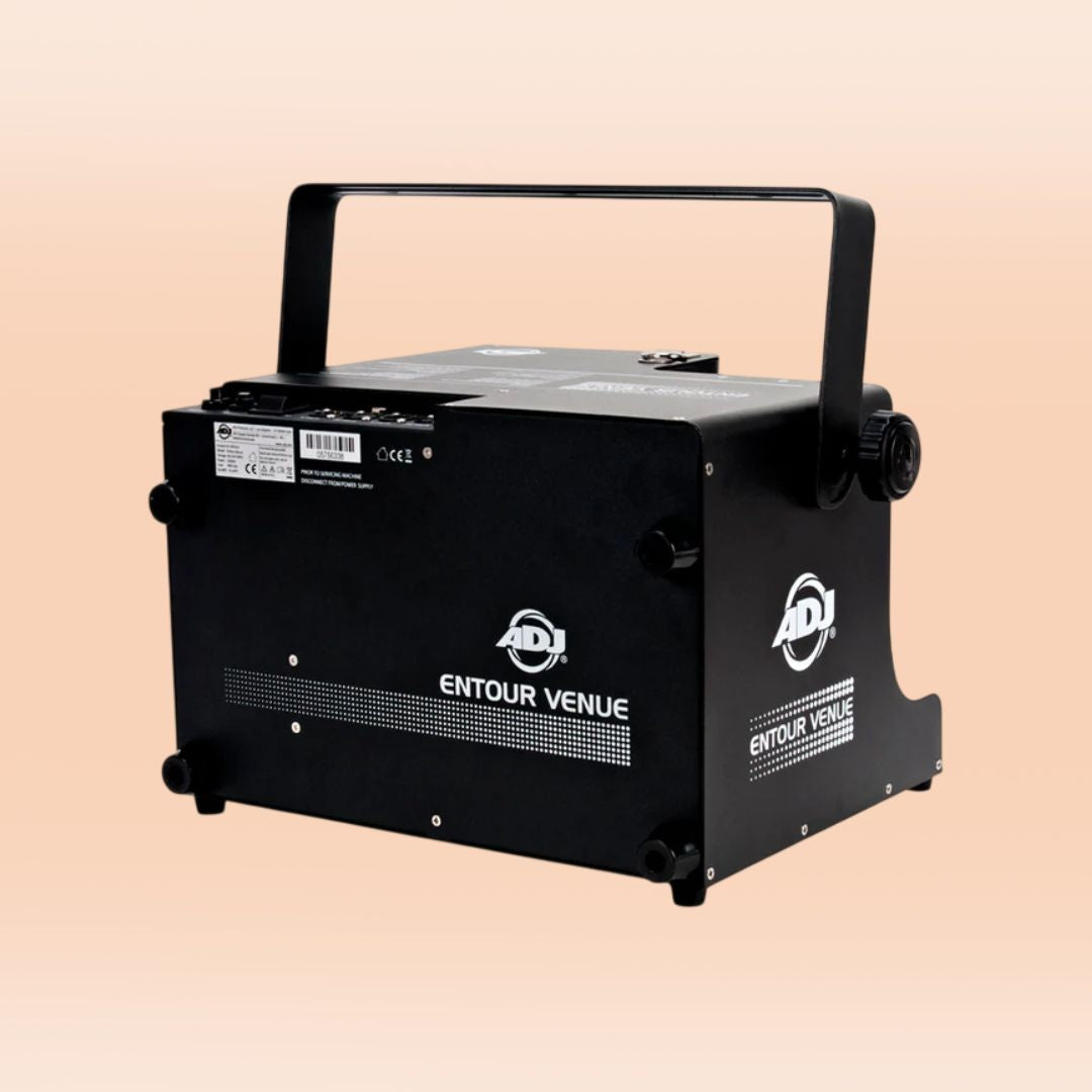 Angled side view of ADJ Entour Venue Faze Machine on orange background