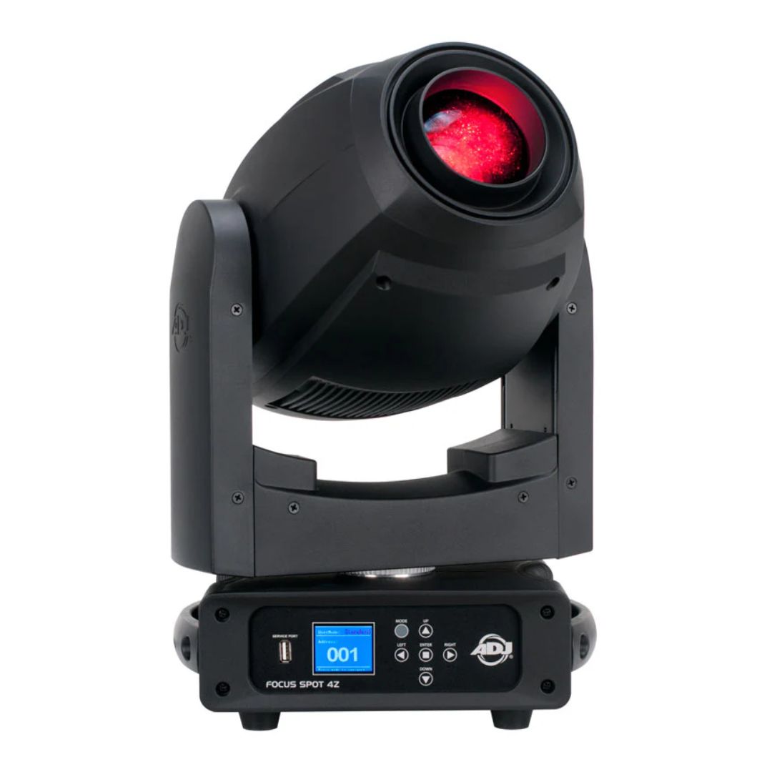 Front view of ADJ FOC200 Focus Spot 4Z 200W LED Moving Head with red light on white background