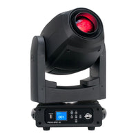 Front view of ADJ FOC200 Focus Spot 4Z 200W LED Moving Head with red light on white background