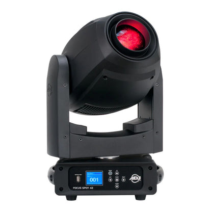 Front view of ADJ FOC200 Focus Spot 4Z 200W LED Moving Head with red light on white background