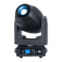 Front view of ADJ FOC200 Focus Spot 4Z 200W LED Moving Head with white light on white background