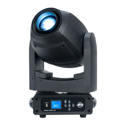 Front view of ADJ FOC200 Focus Spot 4Z 200W LED Moving Head with white light on white background