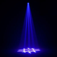 Hanging ADJ FOC200 Focus Spot 4Z 200W LED Moving Head beaming blue light downwards in dark room