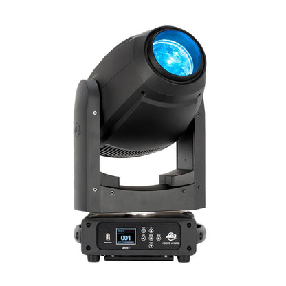 Front view of ADJ FOC302 Focus Hybrid 200W LED Moving Head with blue light on white background