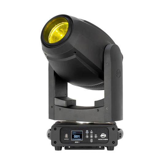 Front view of ADJ FOC302 Focus Hybrid 200W LED Moving Head with yellow light on white background
