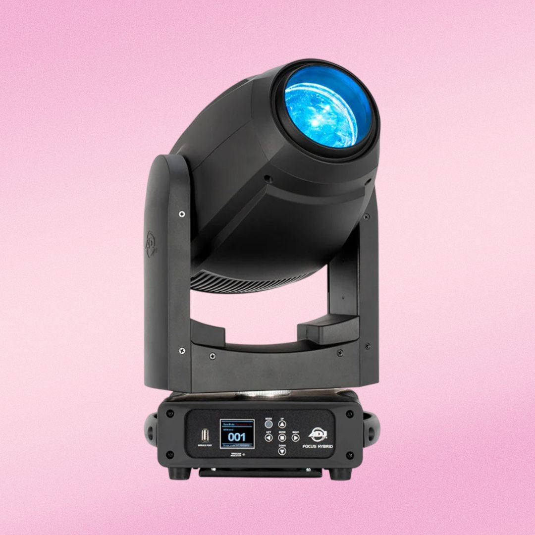 Front view of ADJ FOC302 Focus Hybrid 200W LED Moving Head with blue light on pink background