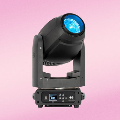 Front view of ADJ FOC302 Focus Hybrid 200W LED Moving Head with blue light on pink background