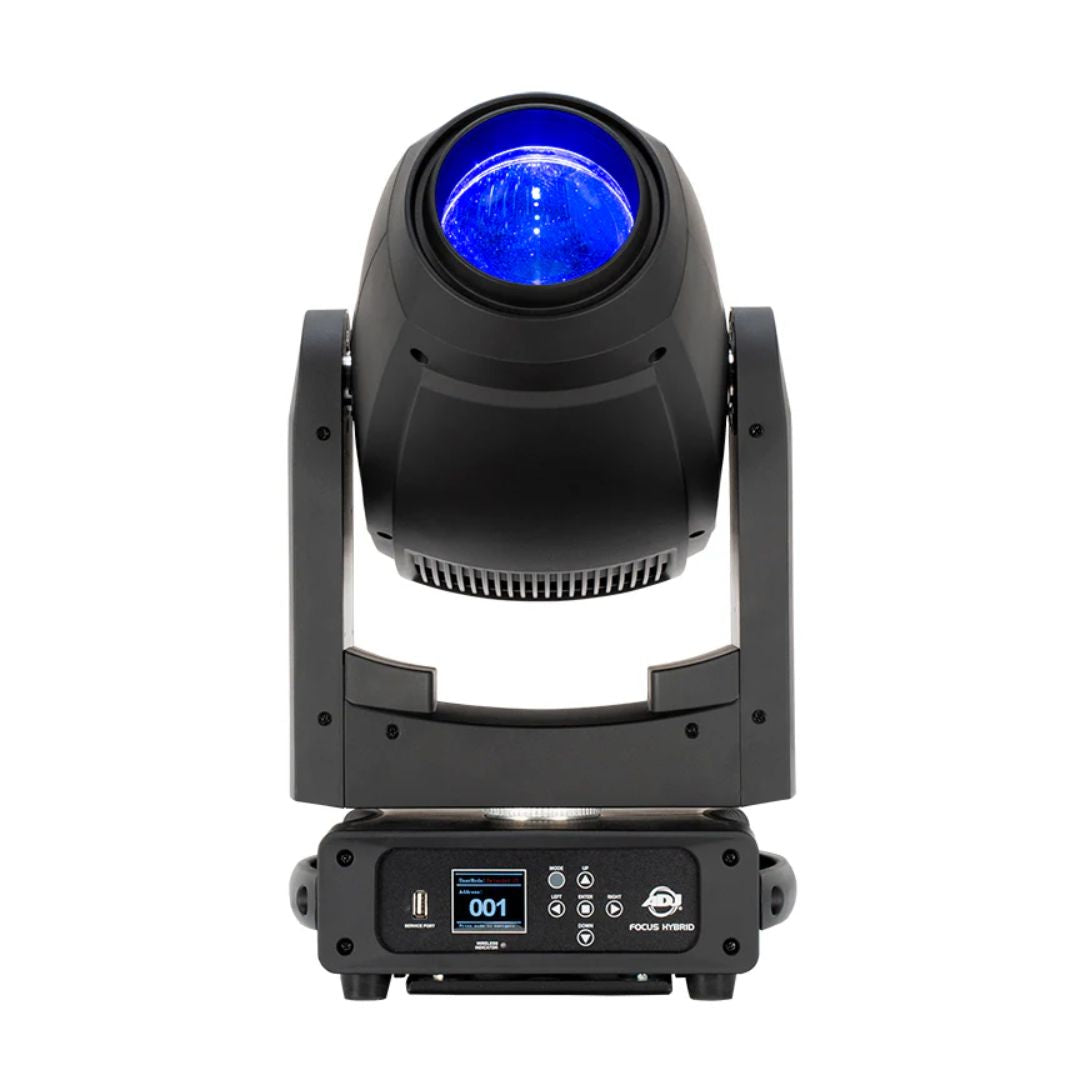 Front view of ADJ FOC302 Focus Hybrid 200W LED Moving Head with blue light on white background