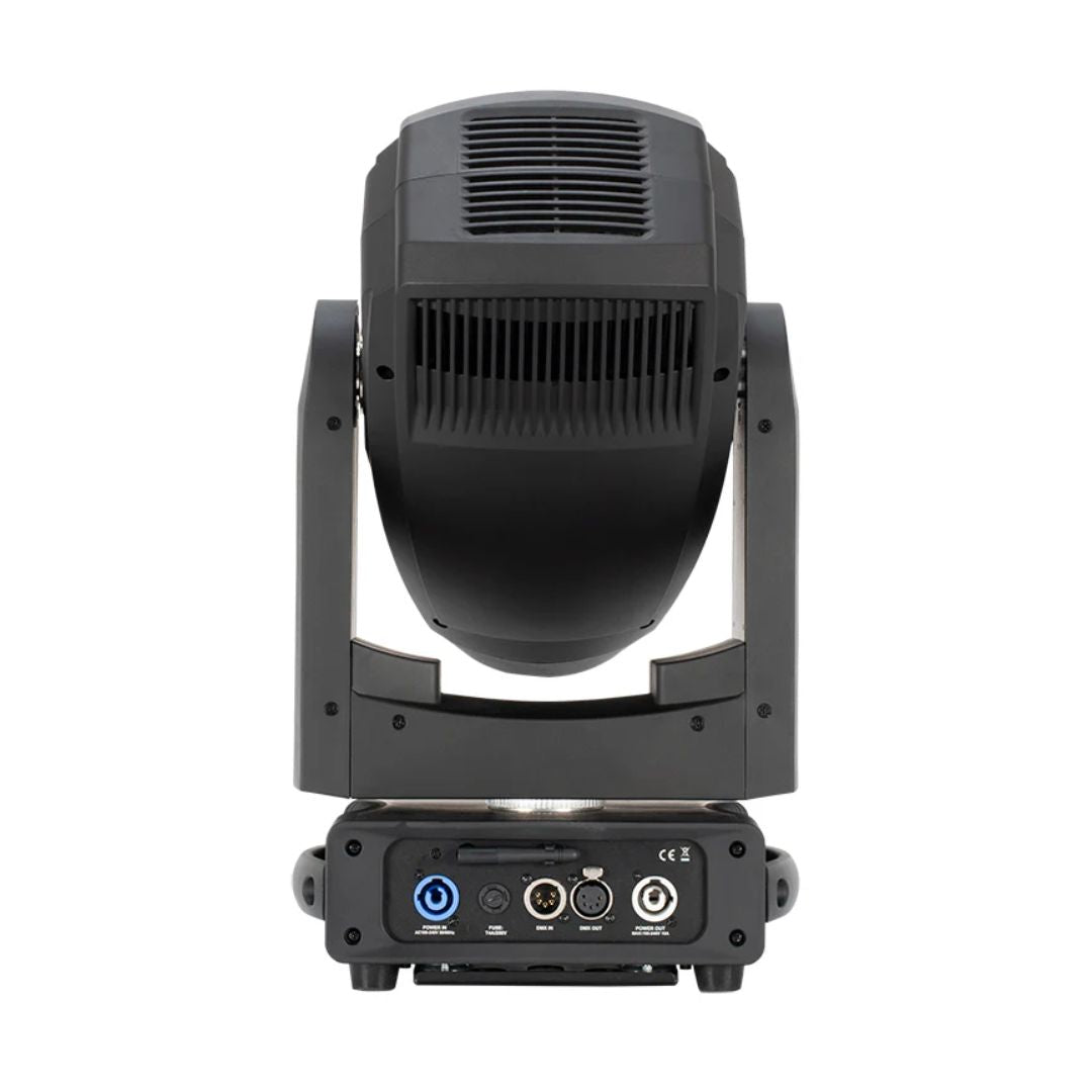 Rear view of ADJ FOC302 Focus Hybrid 200W LED Moving Head on white background