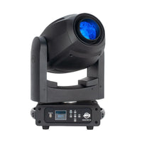 Front view of ADJ FOC520 Focus Spot 5Z 200W LED Moving Head with blue light on white background