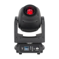 Front view of ADJ FOC520 Focus Spot 5Z 200W LED Moving Head with red light on white background