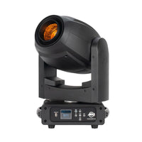 Front view of ADJ FOC520 Focus Spot 5Z 200W LED Moving Head with orange light on white background