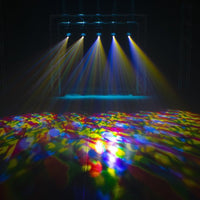 Hanging ADJ FOC520 Focus Spot 5Z 200W LED Moving Heads beaming multiple colored lights in dark venue