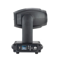 Front view of ADJ FOC520 Focus Spot 5Z 200W LED Moving Head with head tilted to the side on white background