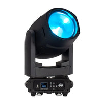 Front view of ADJ FOC615 Focus Wash 400 6-in-1 LED Moving Head with blue light on white background