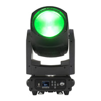 Front view of ADJ FOC615 Focus Wash 400 6-in-1 LED Moving Head with green light on white background