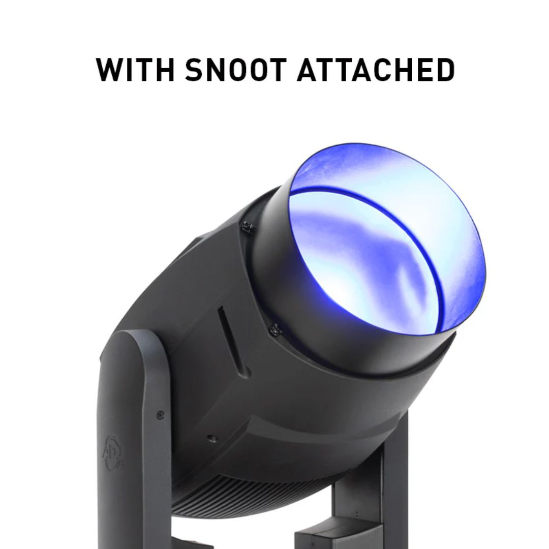 Front view of ADJ FOC615 Focus Wash 400 6-in-1 LED Moving Head with snoot attached on white background