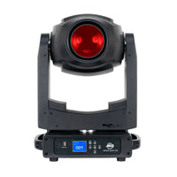 Front view of ADJ FOC635 Focus Spot 6Z 300W LED Moving Head with red light on white background