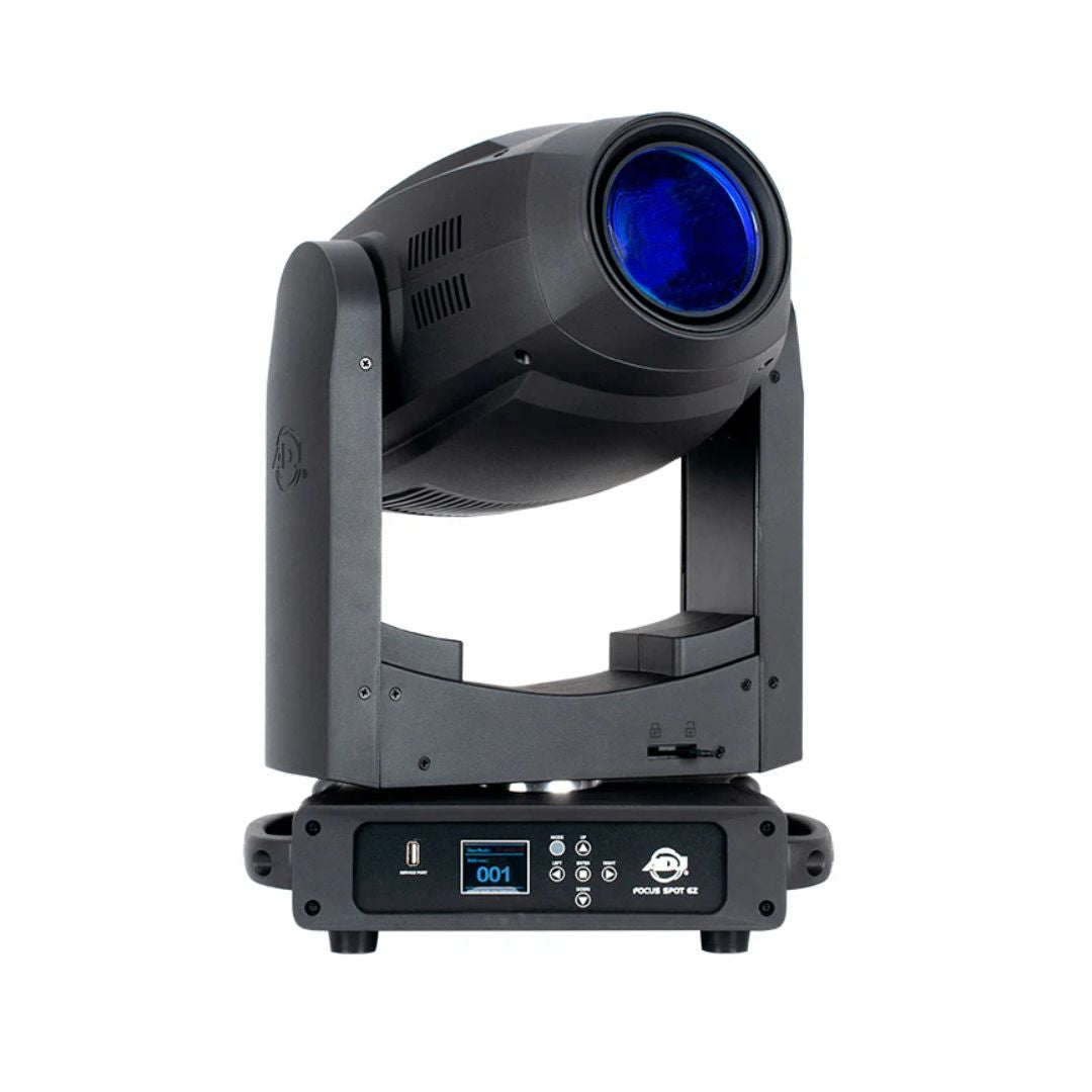 Front view of ADJ FOC635 Focus Spot 6Z 300W LED Moving Head with blue light on white background