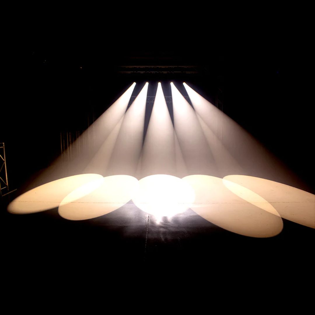 Hanging ADJ FOC635 Focus Spot 6Z 300W LED Moving Heads beaming white light downwards in dark venue