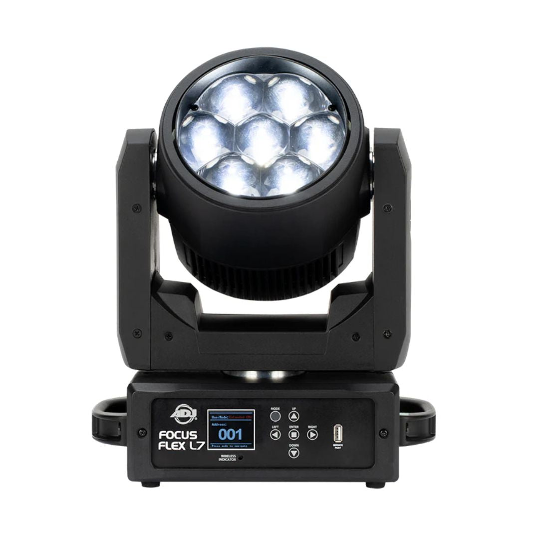 Front view of ADJ FOC734 Focus Flex L7 40W LED Moving Head with white light on white background