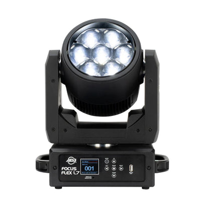 Front view of ADJ FOC734 Focus Flex L7 40W LED Moving Head with white light on white background