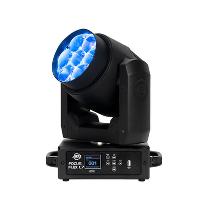 Front view of ADJ FOC734 Focus Flex L7 40W LED Moving Head Extended with blue light on white background