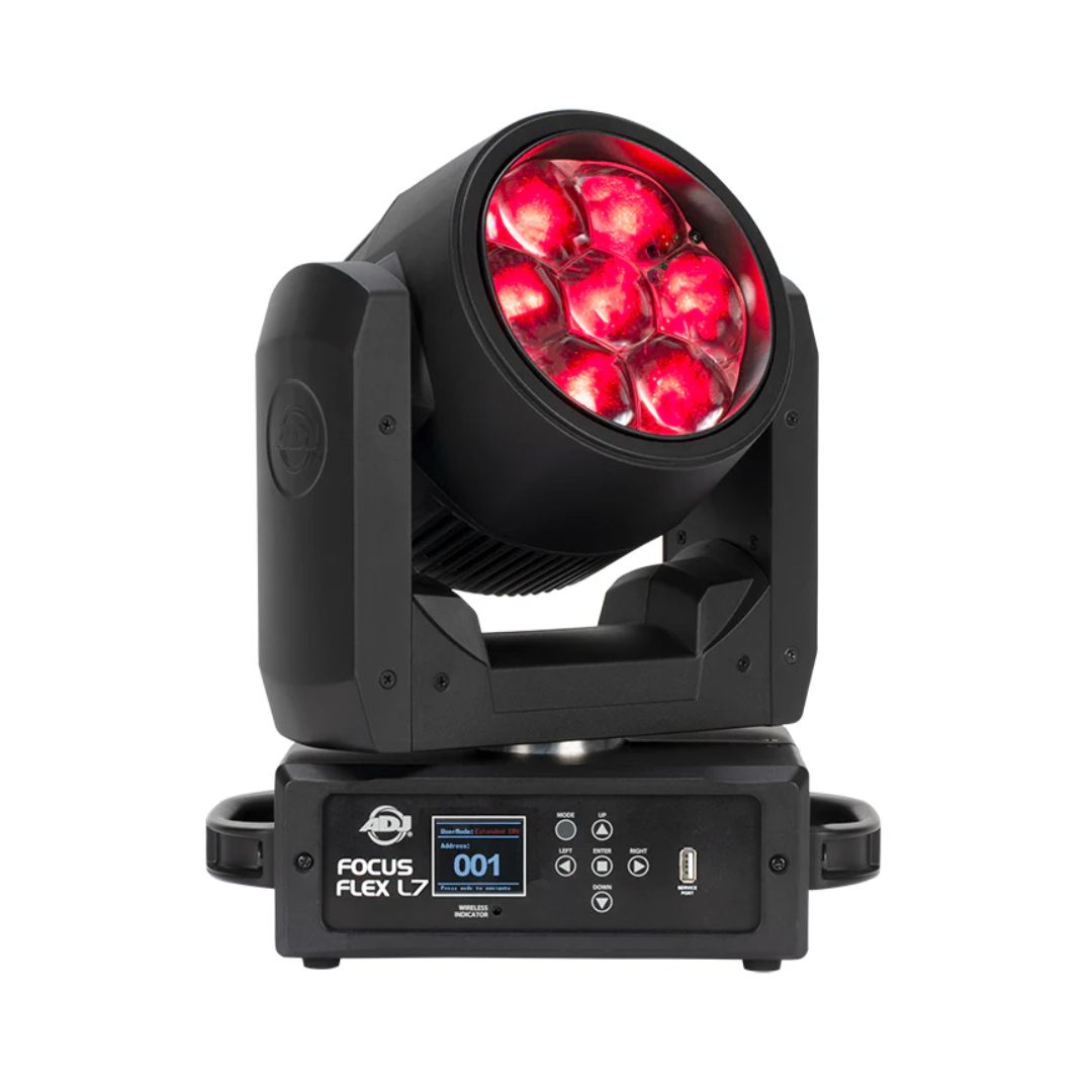 Front view of ADJ FOC734 Focus Flex L7 40W LED Moving Head with red light on white background