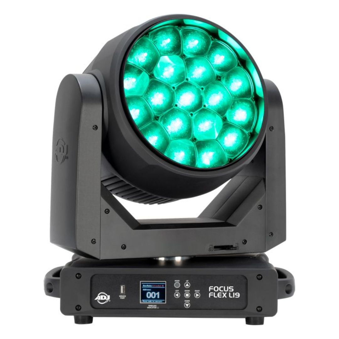 Front view of ADJ FOC747 Focus Flex L19 RGBL LED Moving Head with green light on white background