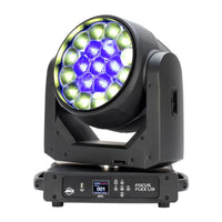 Front view of ADJ FOC747 Focus Flex L19 RGBL LED Moving Head with yellow and blue lights on white background